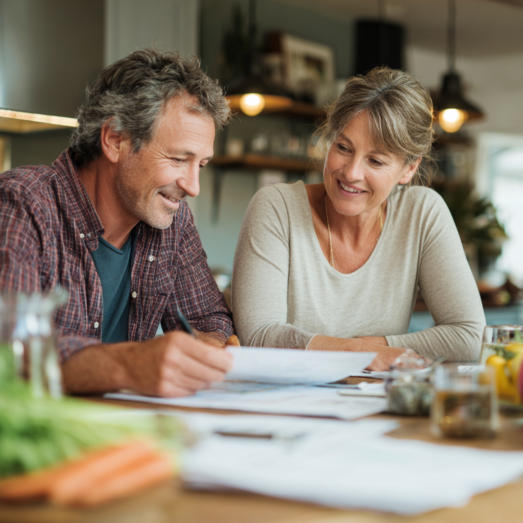 Middle-aged adults reviewing personalized nutrition planning materials together at kitchen table